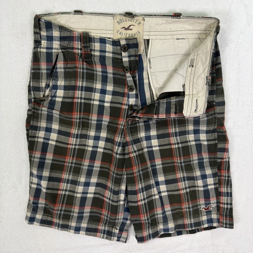 Hollister Shorts Mens 34 Green‎ Plaid Relaxed Loose Bermuda Button Fly